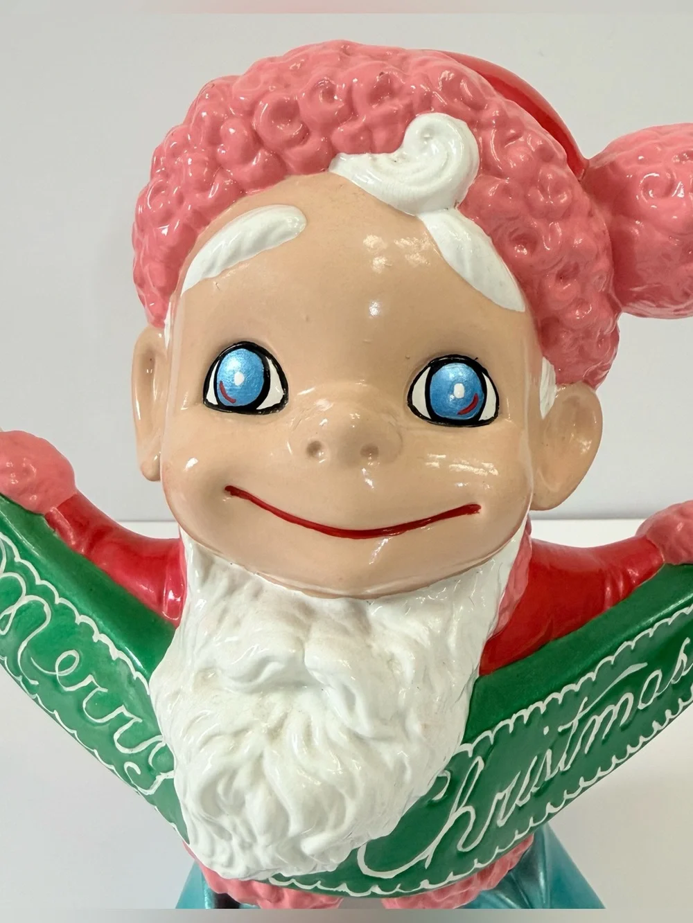Vintage Atlantic Mold Santa Elf Merry Christmas Pink Turquoise Ceramic 11” Rare